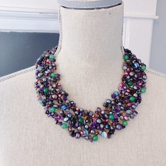 VTG Amethyst Jade Quartz Bib Necklace Mesh Collar Statement Boho Y2K Artisan - Picture 2 of 11